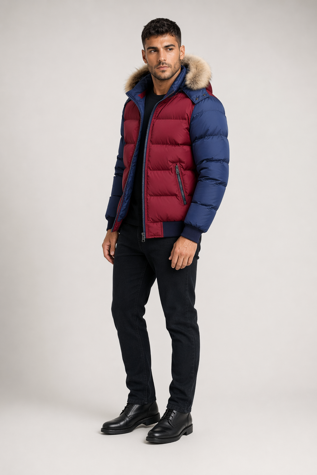 Removable Hooded Men's Two-Toned Quilted Jacket Red