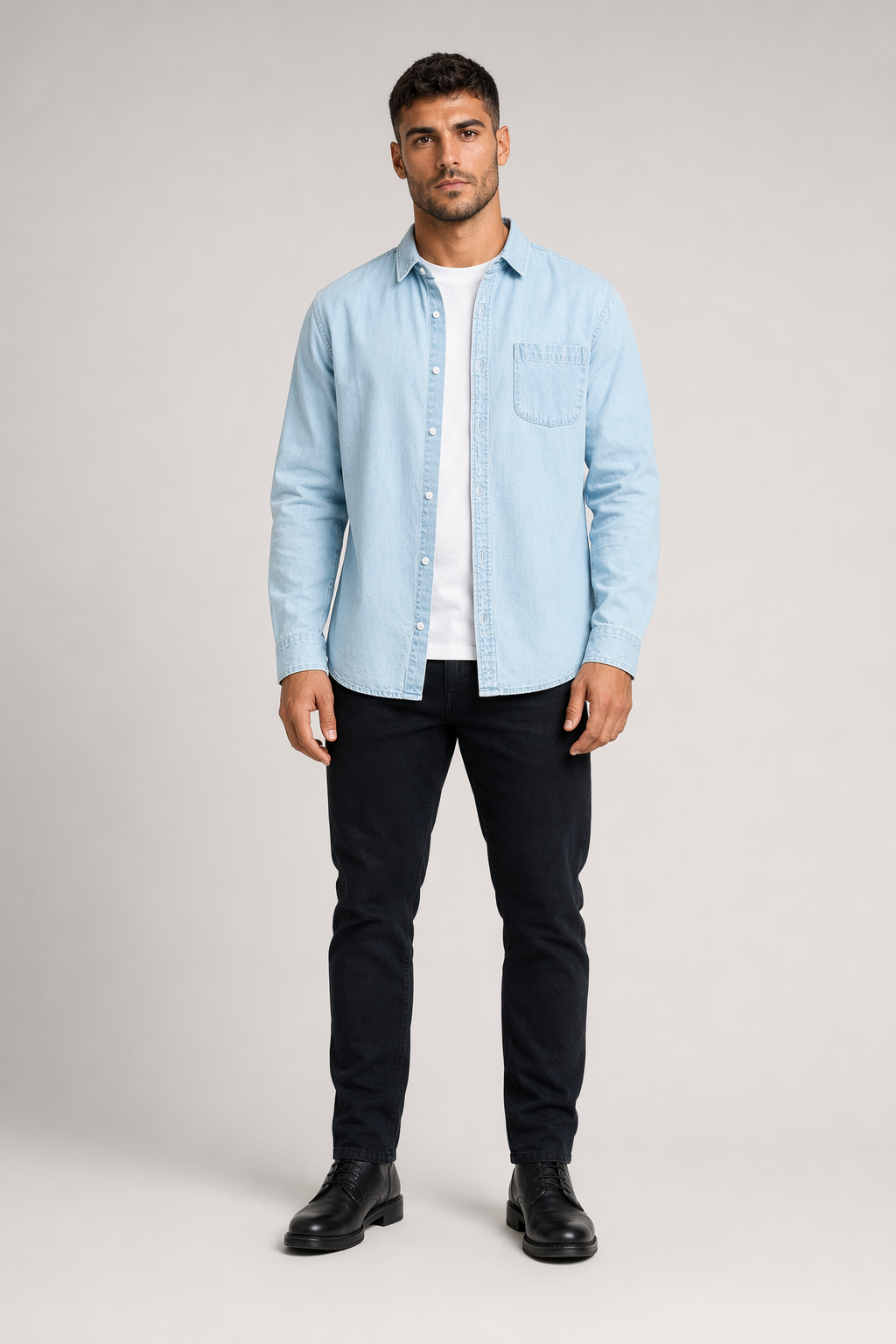 Long Sleeve Denim Shirt with Single Pocket for Men Light Blue