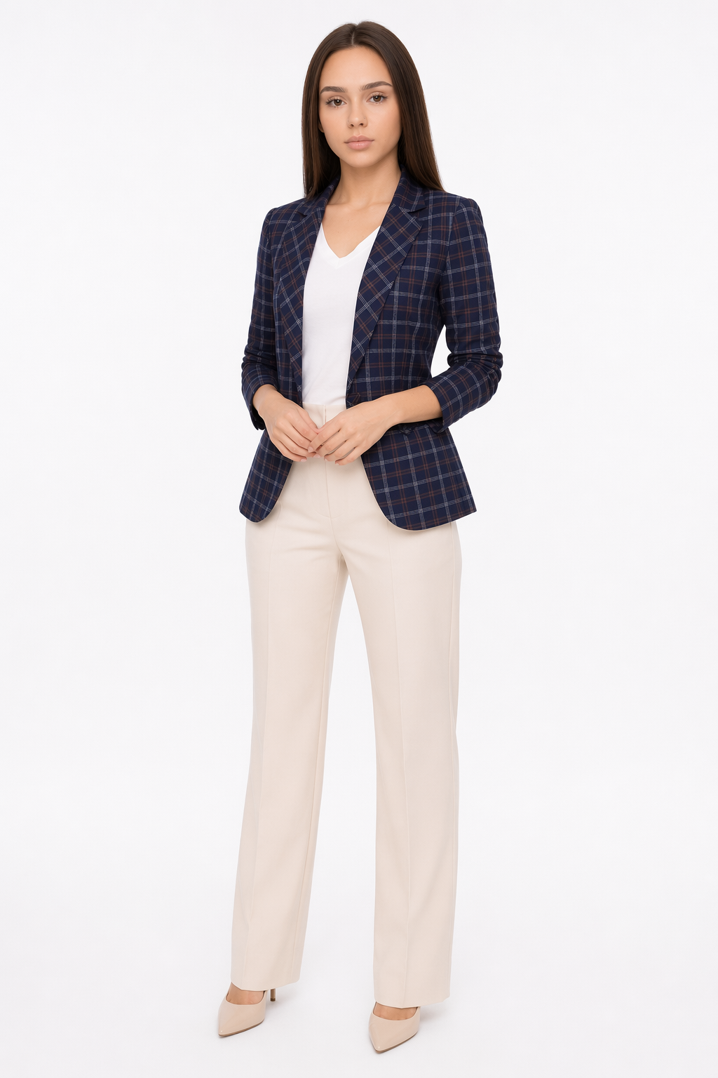 Slim Fit Checkered Blazer for Women Navy