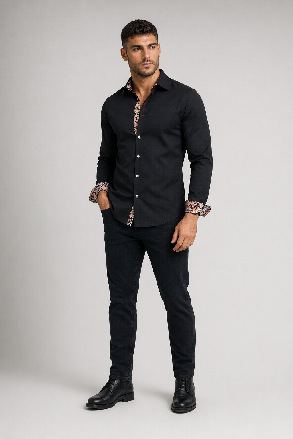 Button-Down Men's Shirt with Botanical Accents Black