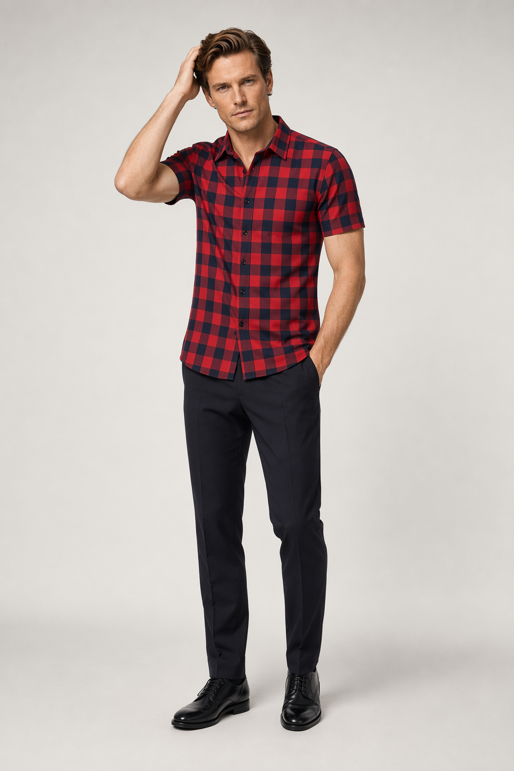 Checkered Short Sleeve Men's Shirt Red