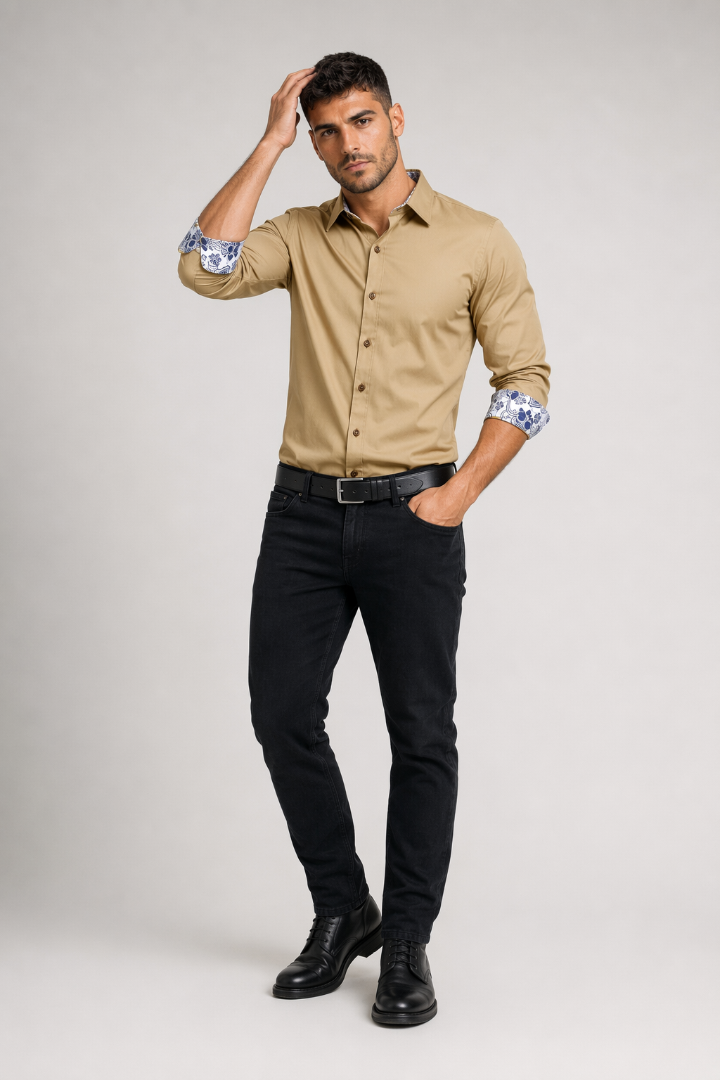 Flowery Inner Details Men's Button-Down Shirt Khaki