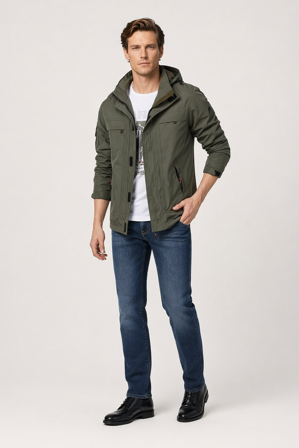 Men's Hooded Zipper Jacket with Detachable Hood Army Green