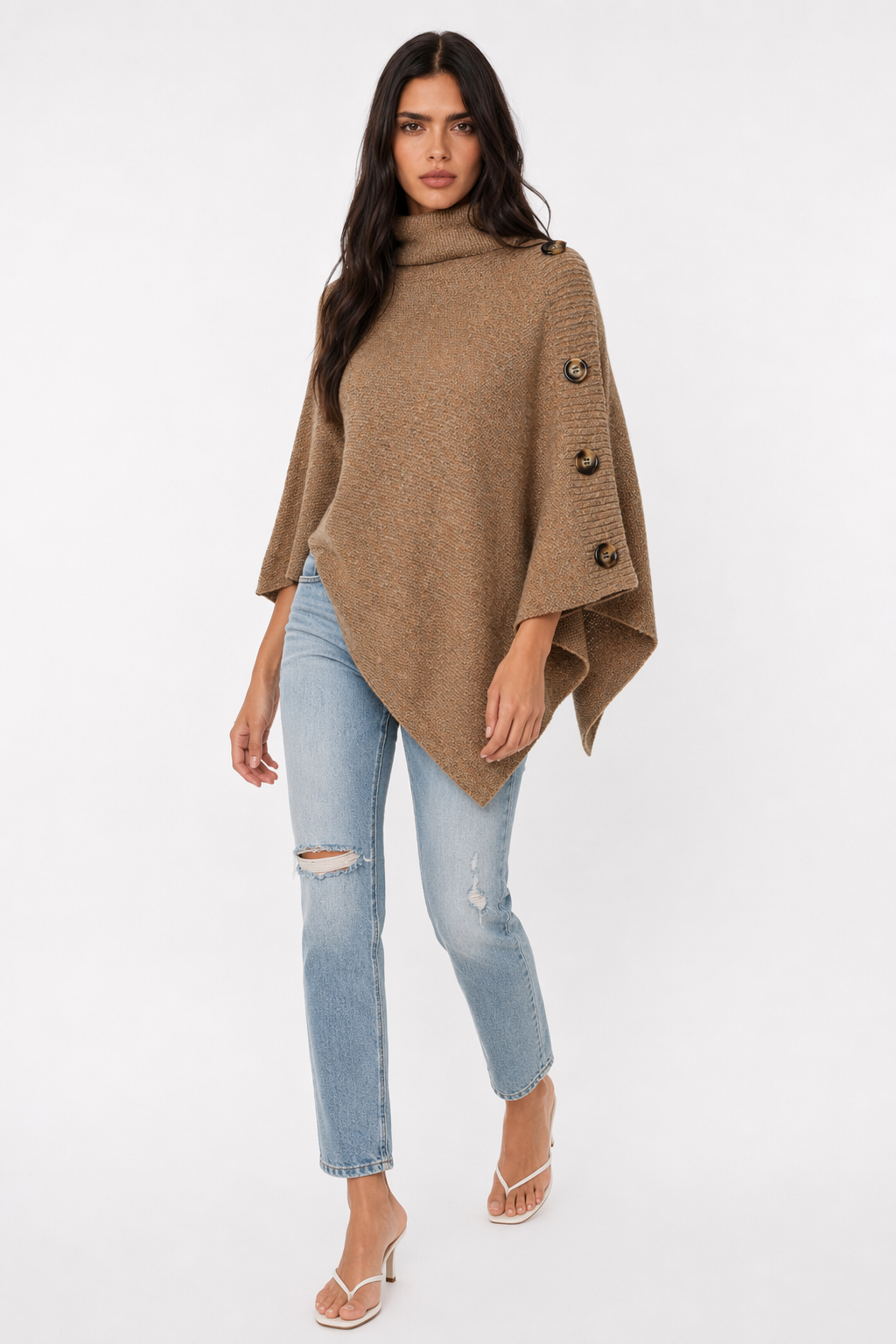 Side Button Detailed Turtleneck Poncho for Women Khaki