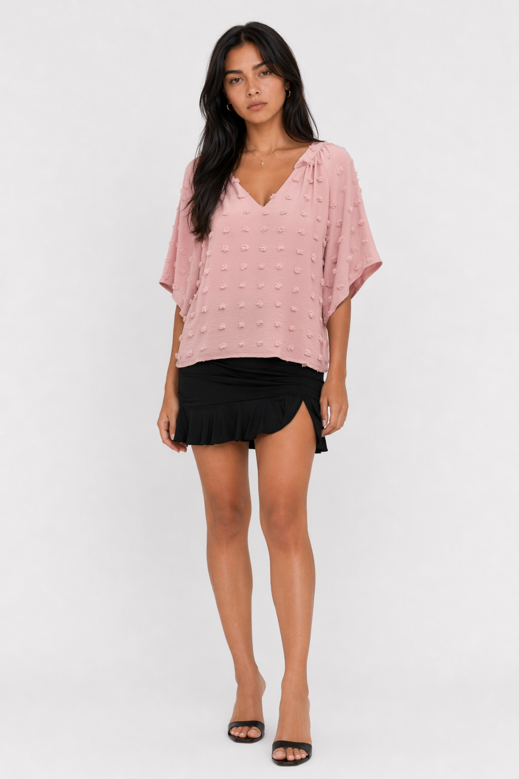 Women's Summer Top with Batwing V-Neck Design Pink