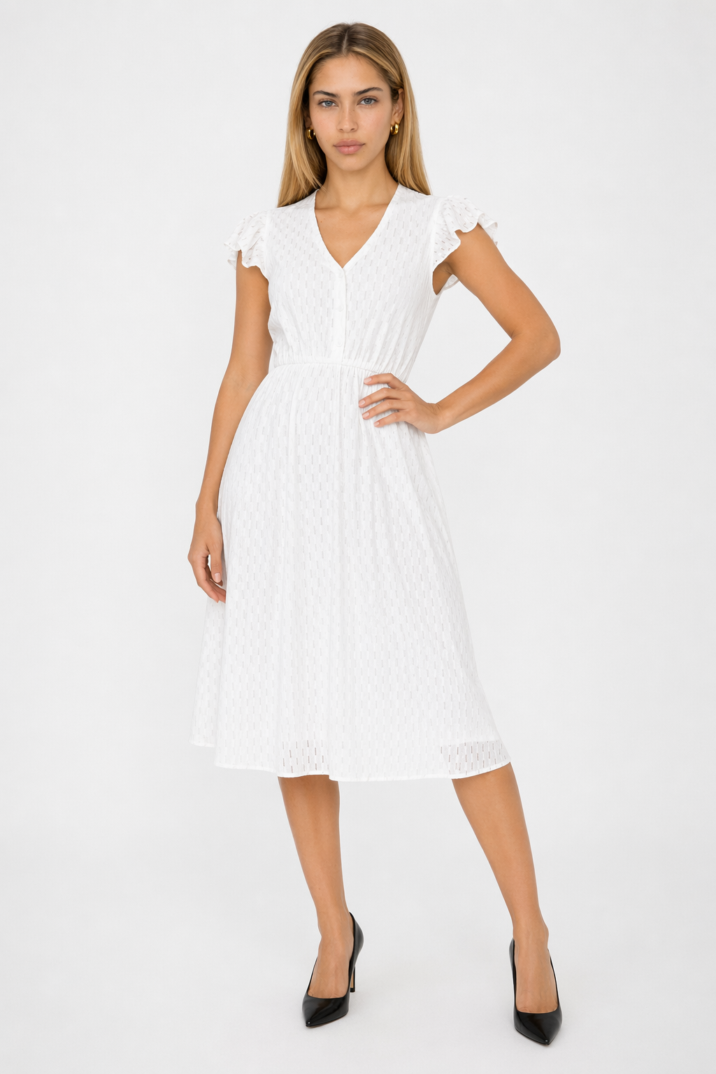 Ruffled Sleeve Summer Dress for Women with V-Neck White