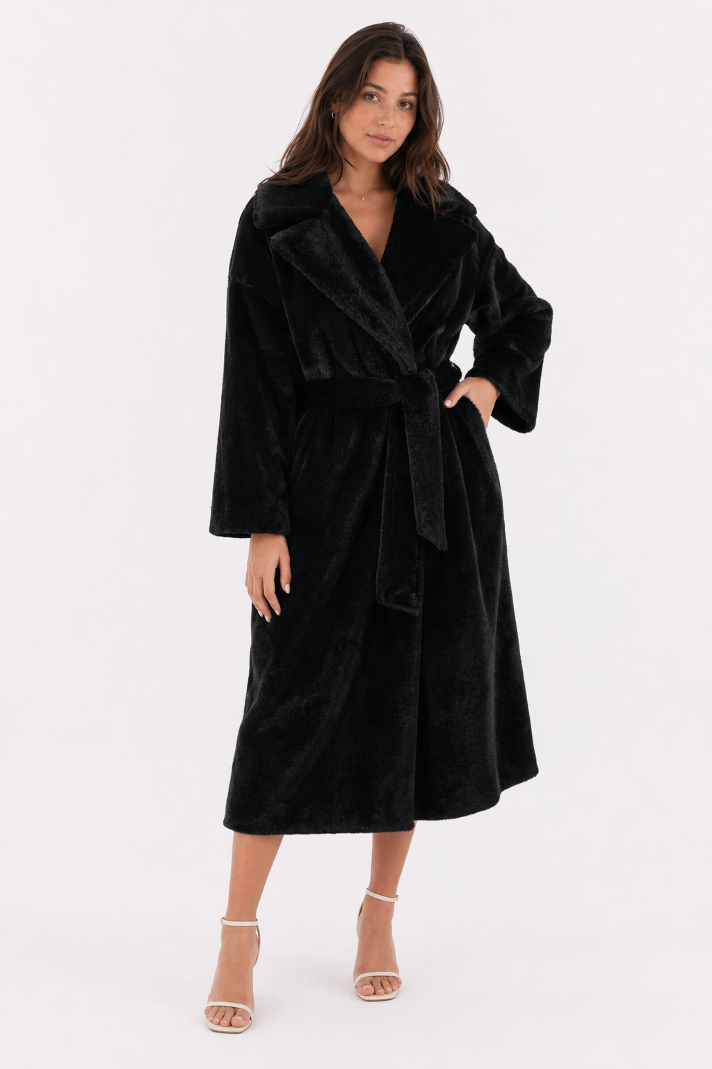 Faux Fur Belted Trench Coat for Women Black