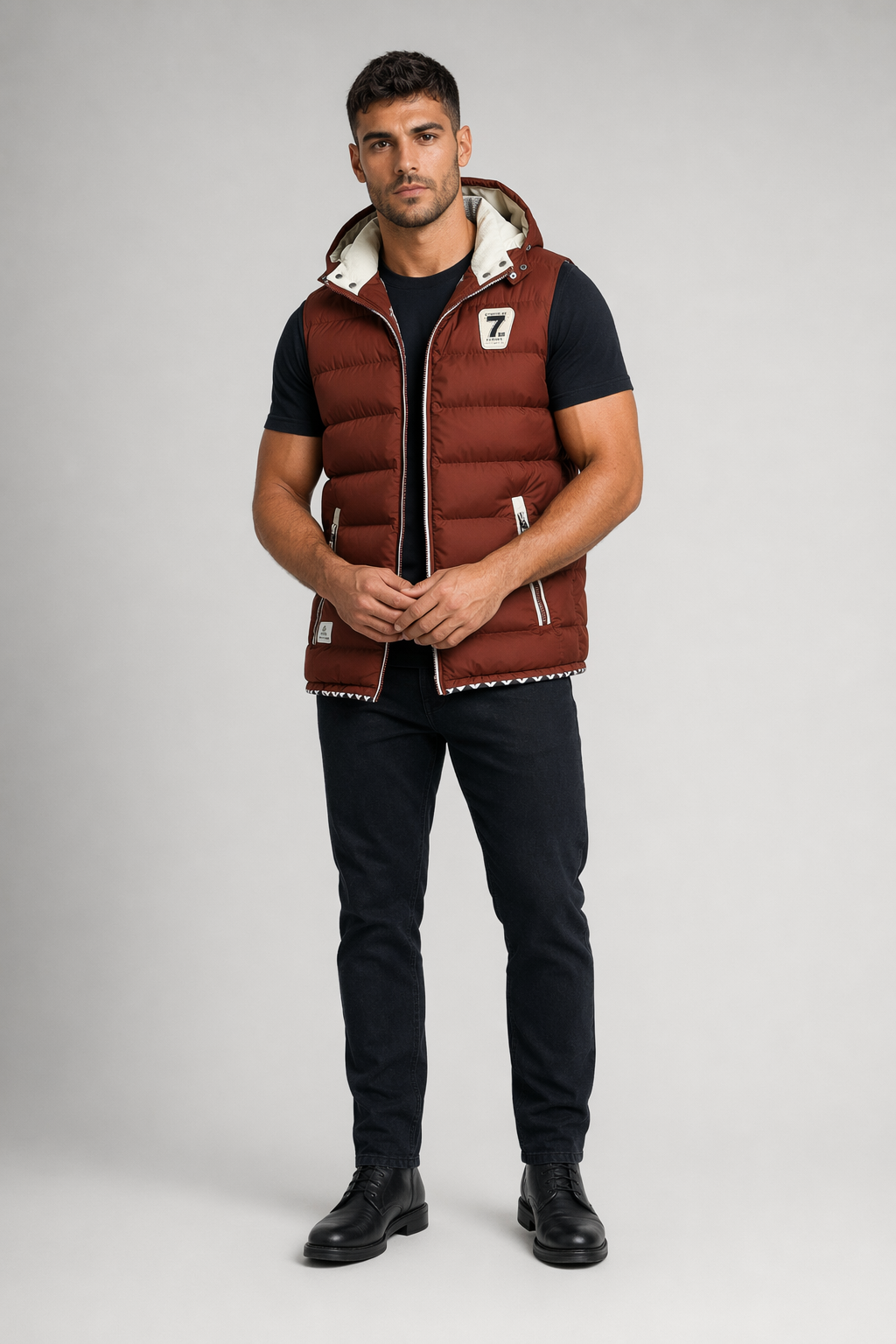 Red Wine Hooded Puffer Vest with Two-Tone Design for Men Default