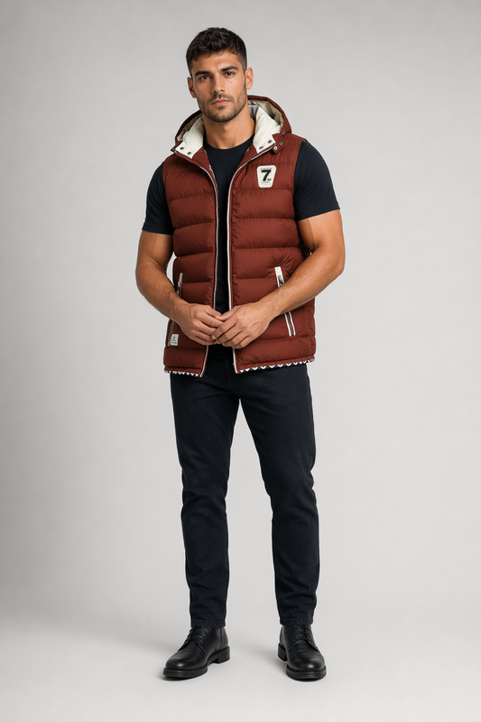 Red Wine Hooded Puffer Vest with Two-Tone Design for Men Default