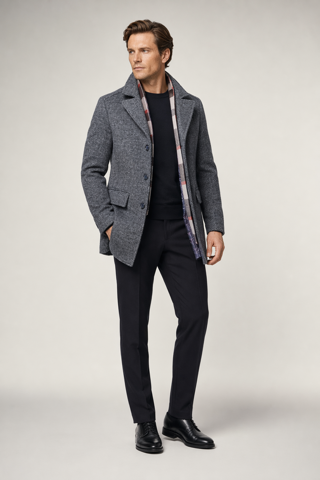 Layered Look Military Coat for Men with Classic Button Front Gray