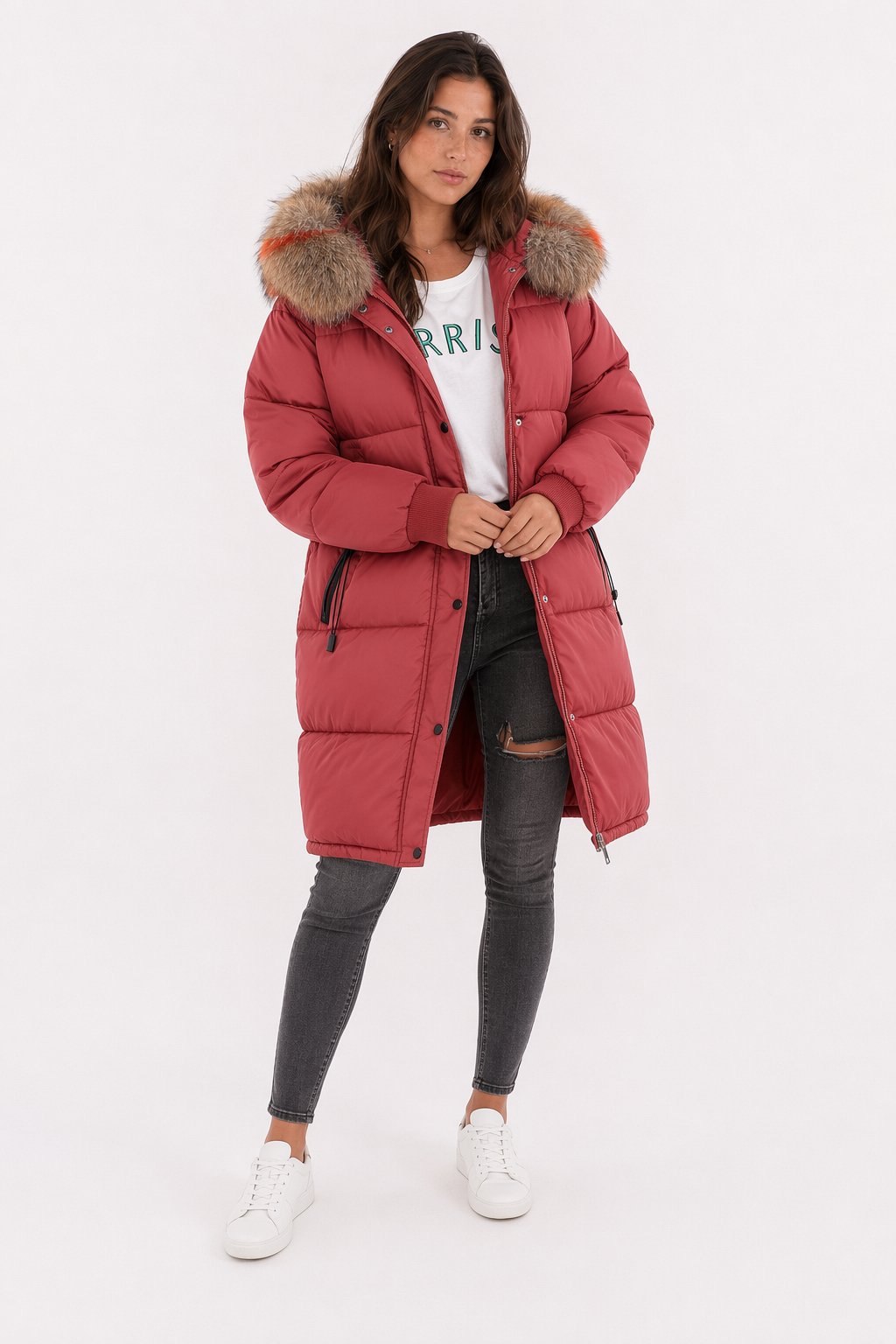 Oversize Faux Fur Hooded Jacket for Women Red