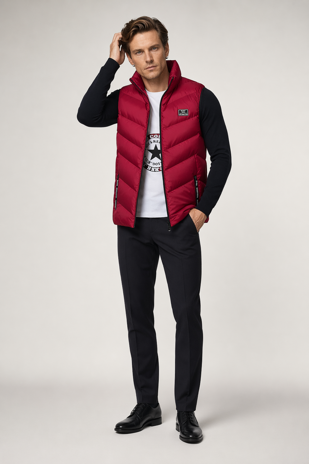 Red Puffer Vest with Elevated Collar for Men Default