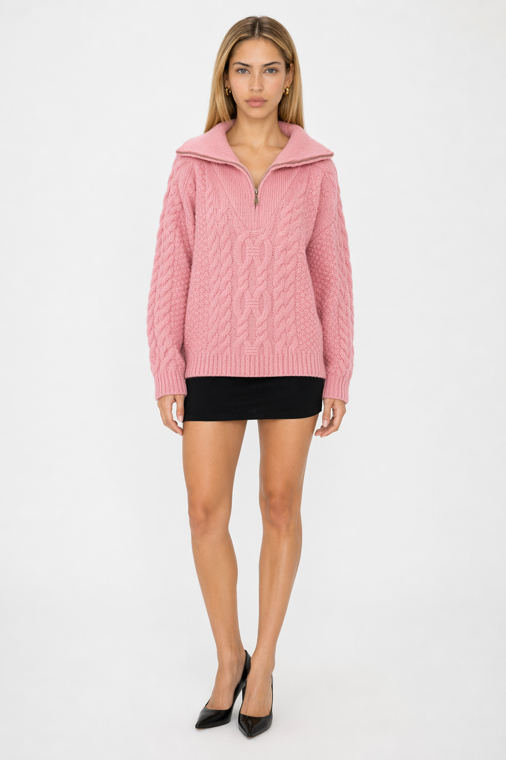 Half-Zip Cable Knit Sweater for Women Pink