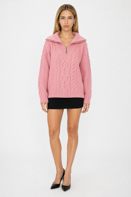 Half-Zip Cable Knit Sweater for Women Pink