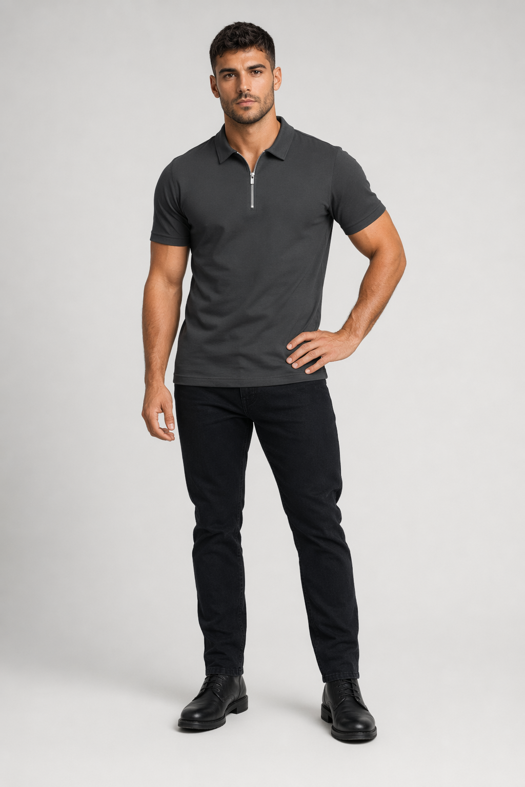 Zipper Polo Shirt for Men with Short Sleeves Dark Gray
