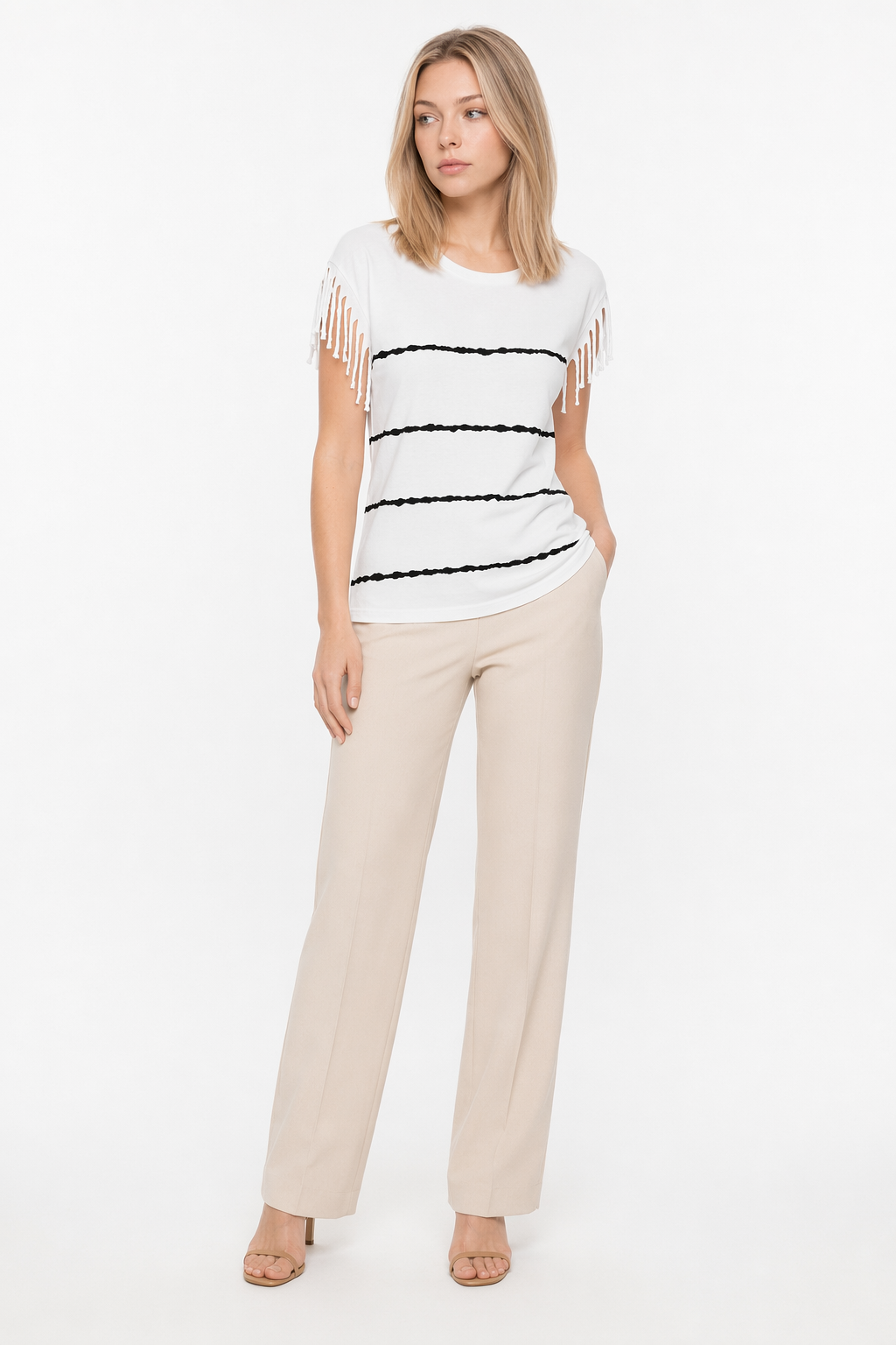 Fringed Striped Women's Top White