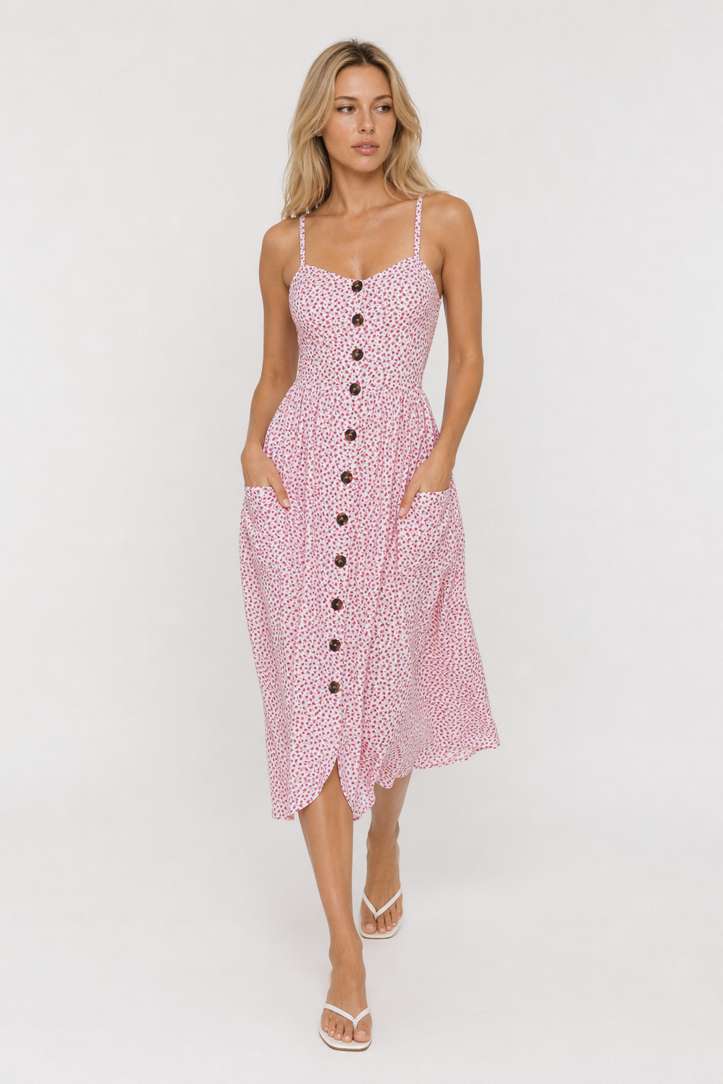 Button-Front Dress with Shoulder Straps Pink