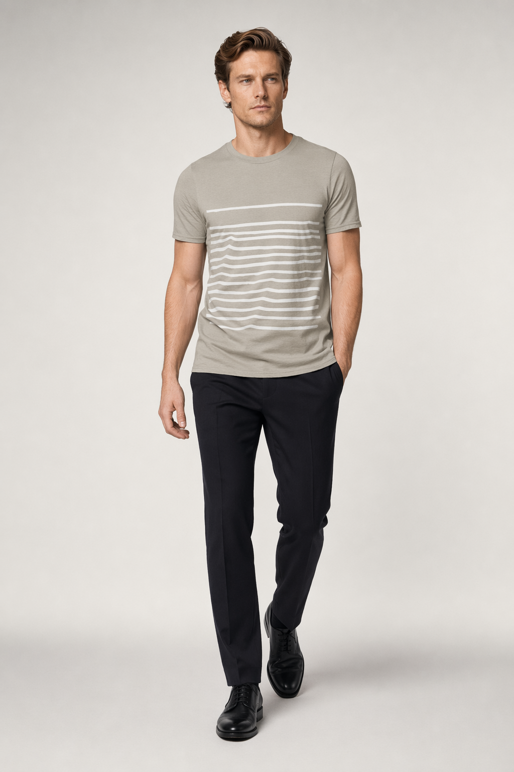Sand-Colored Men's T-Shirt with Horizontal Stripes Default