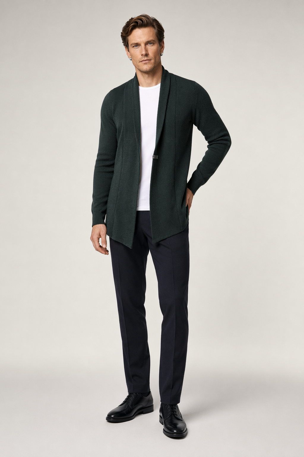 Single Button Men's Mid-Length Cardigan Dark Green
