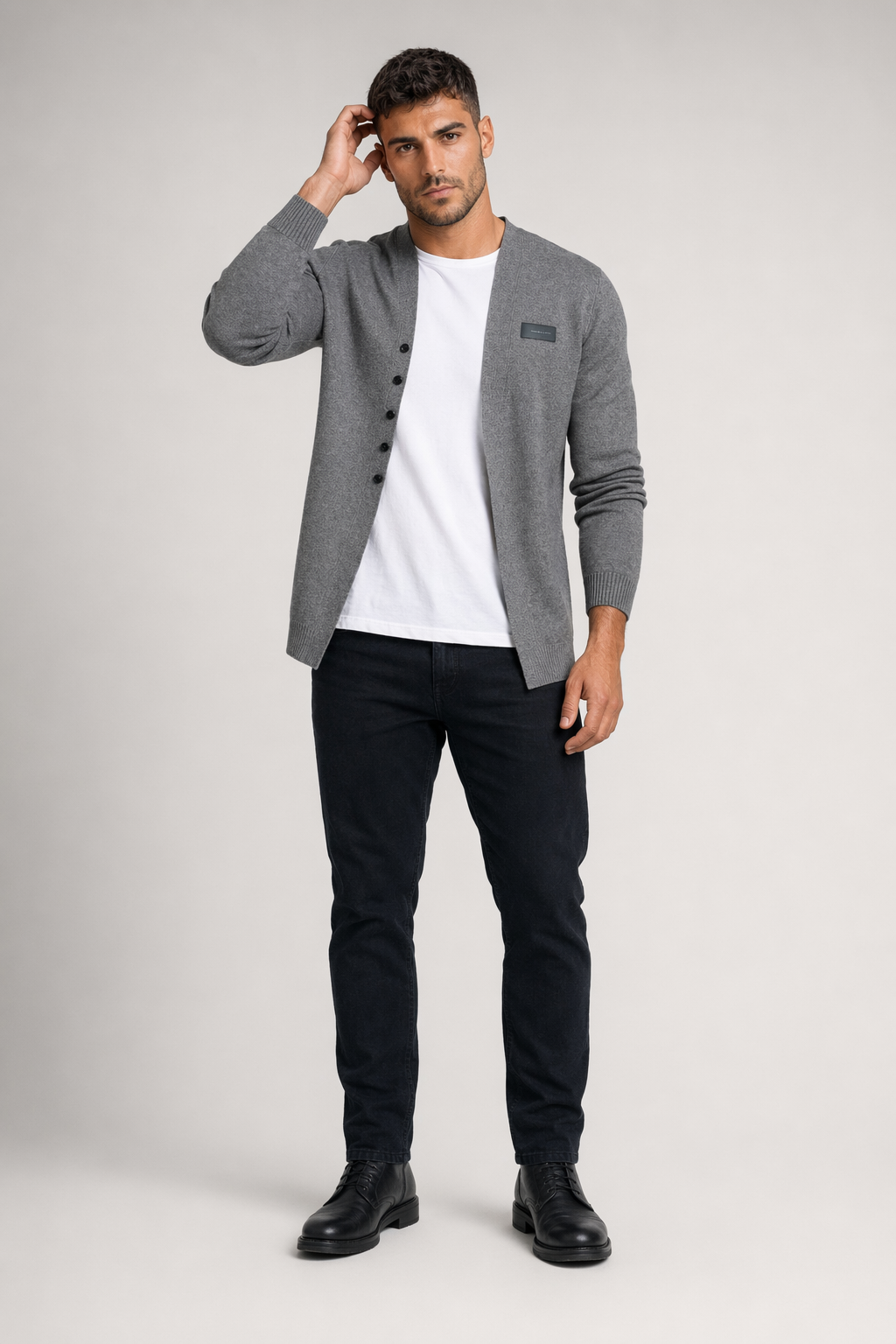 Button-Front Slim Fit Cardigan for Men Gray