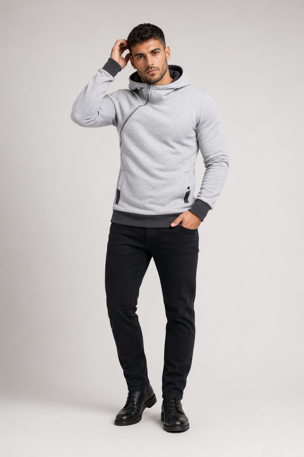 Zippered Hooded Sweatshirt for Men Gray