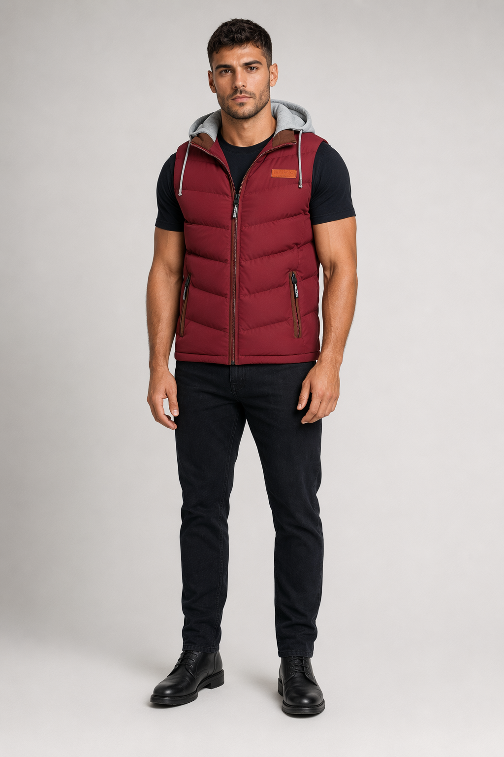 Red Winter Puffy Vest with Detachable Hood for Men Default