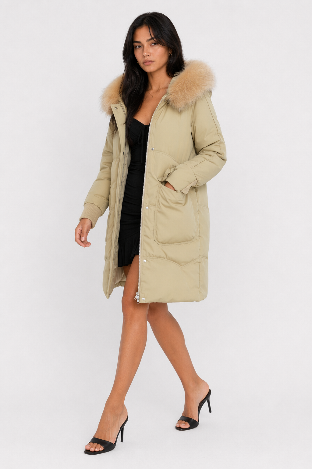 Furry Hooded Zip-Up Jacket for Women with Spacious Pockets and Mid-Length Cut Khaki