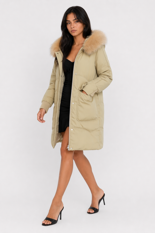 Furry Hooded Zip-Up Jacket for Women with Spacious Pockets and Mid-Length Cut Khaki