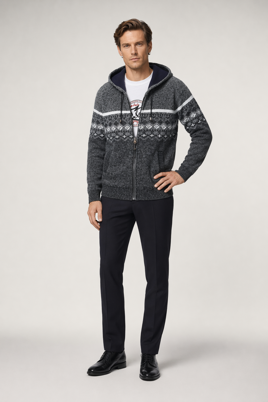 Printed Zip-Up Hooded Jacket for Men Dark Gray