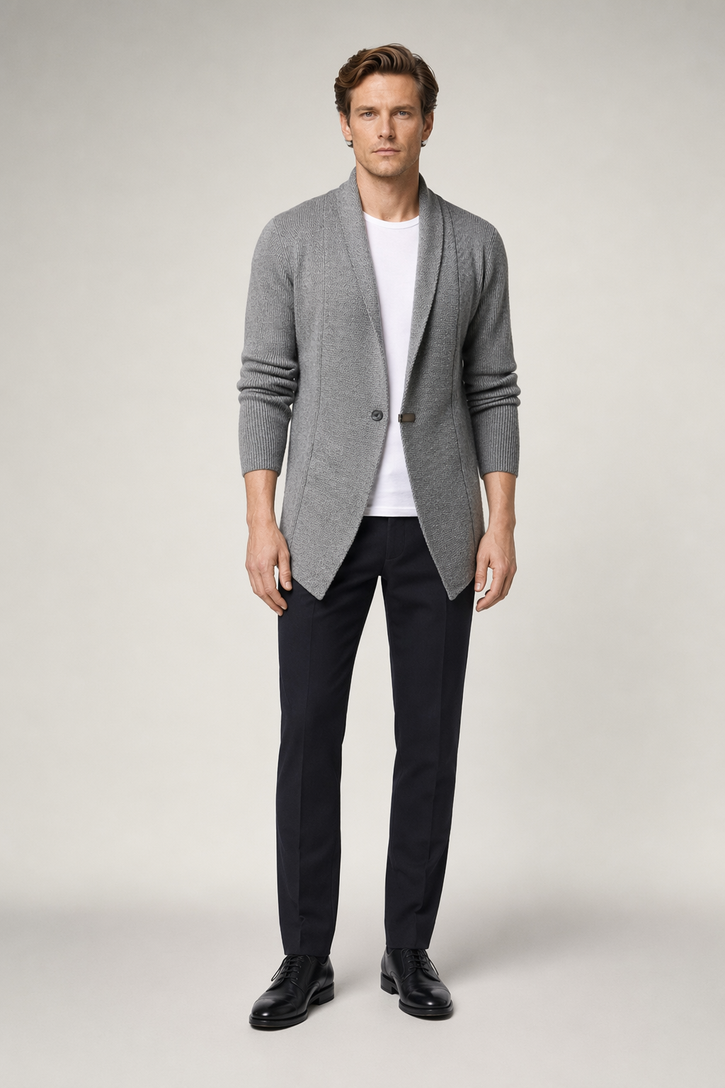Single Button Men's Mid-Length Cardigan Gray