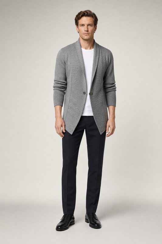Single Button Men's Mid-Length Cardigan Gray