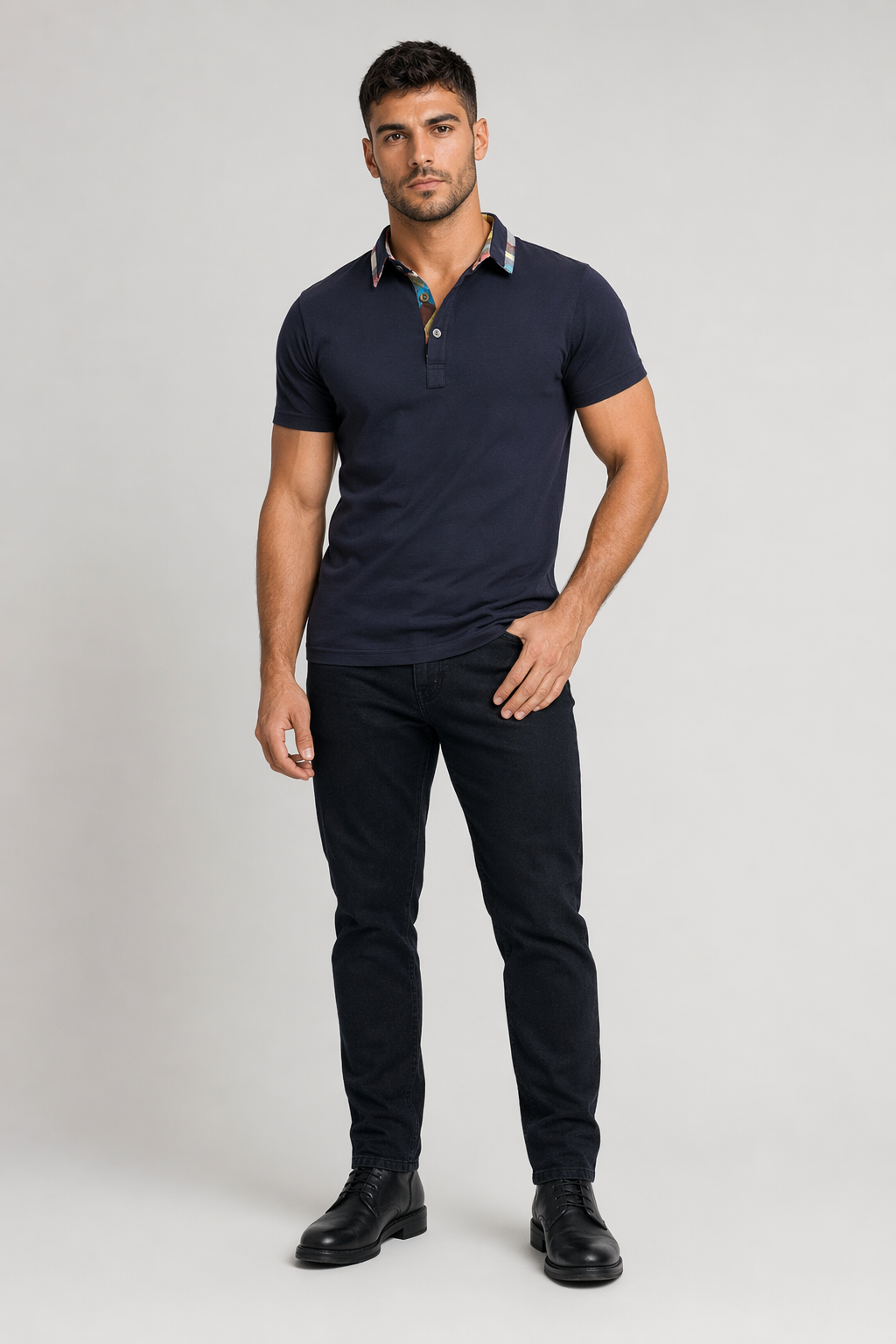 Plaid-Trimmed Polo Shirt for Men Navy