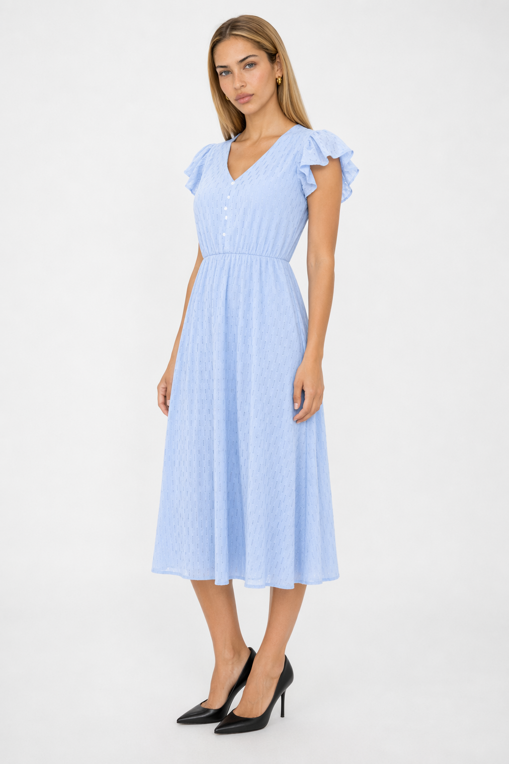 Ruffled Sleeve Summer Dress for Women with V-Neck Blue