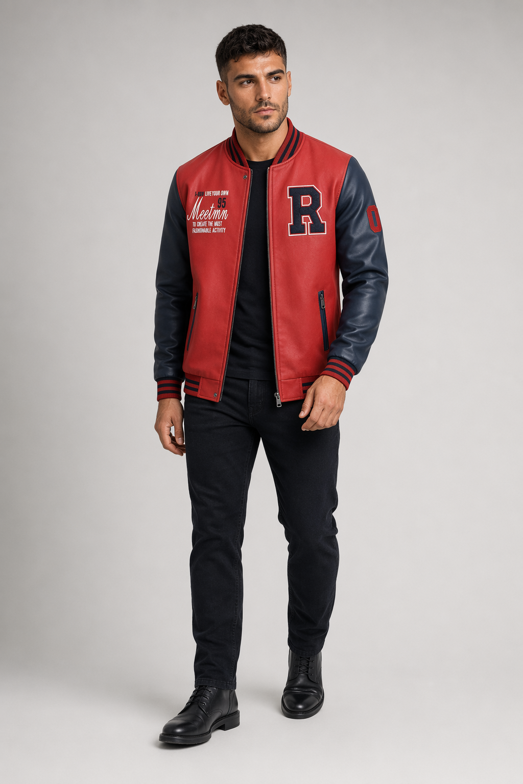 Men's Synthetic Leather Baseball Jacket Red