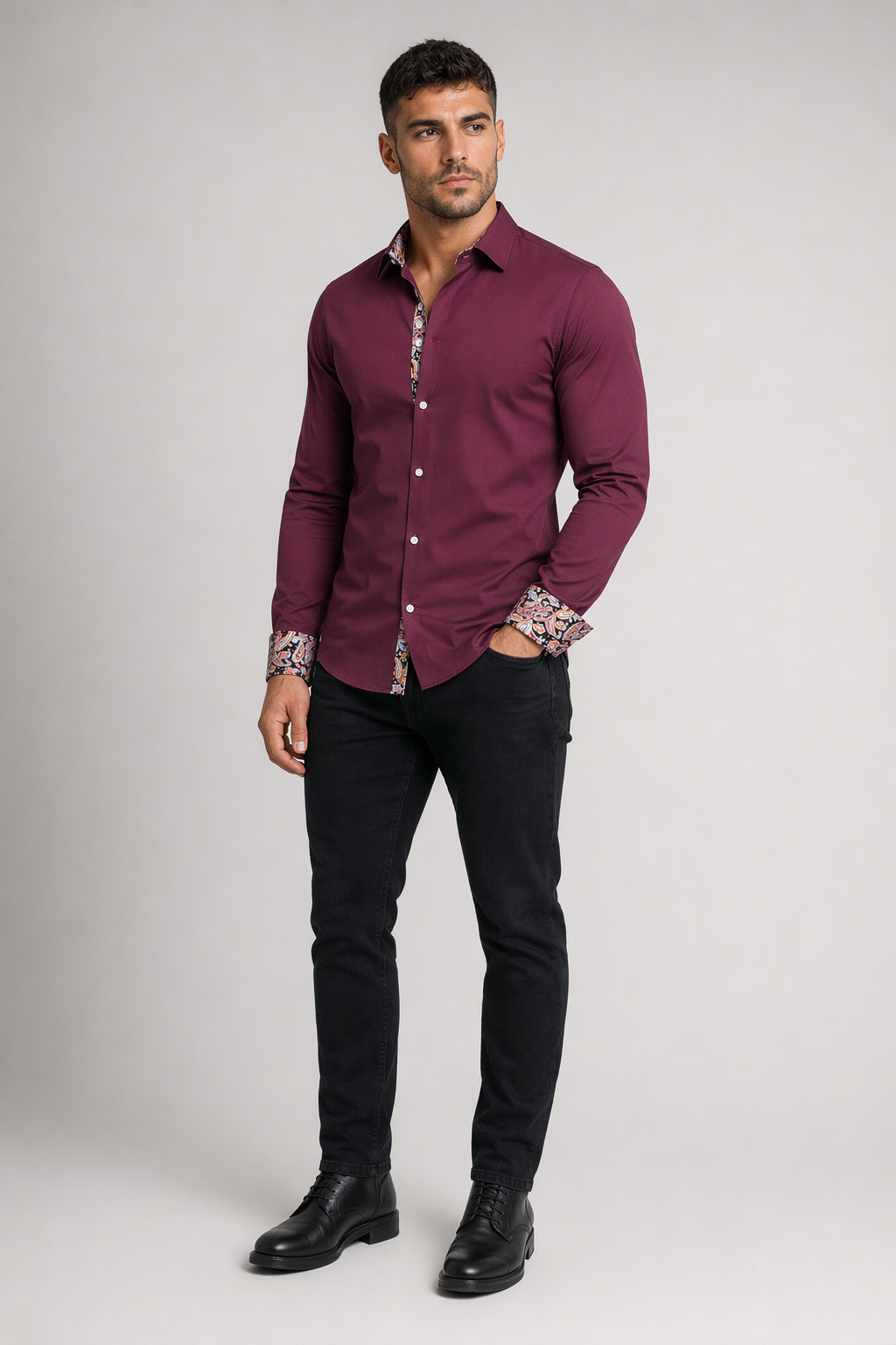 Button-Down Men's Shirt with Botanical Accents Wine