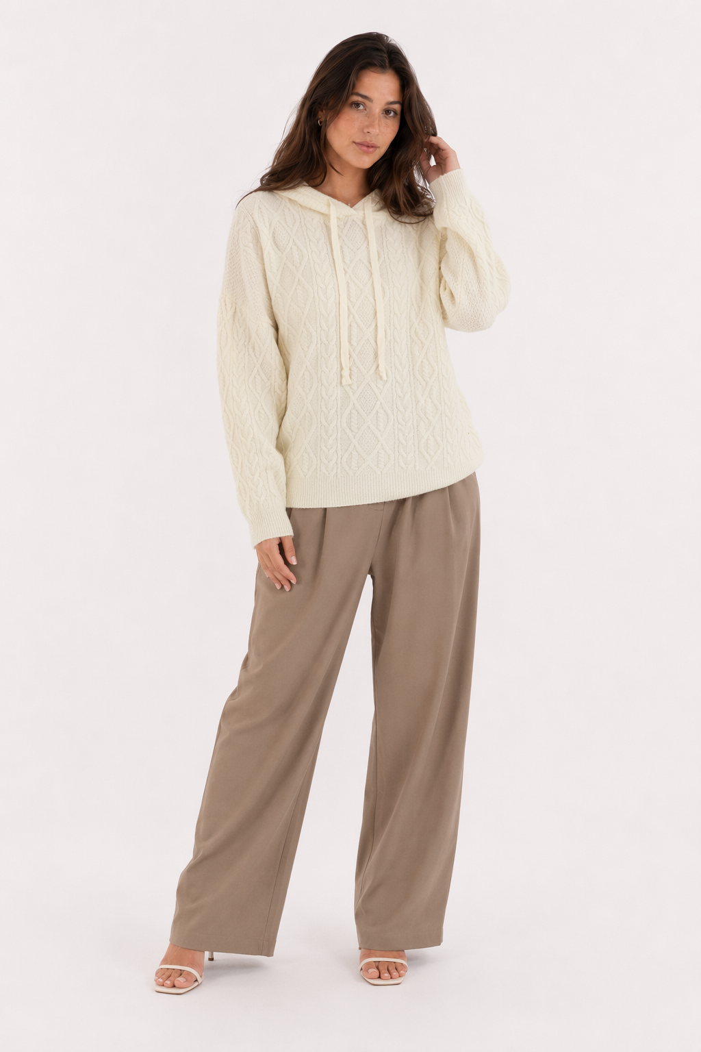 Hooded Cable-Knit Sweater for Women Beige