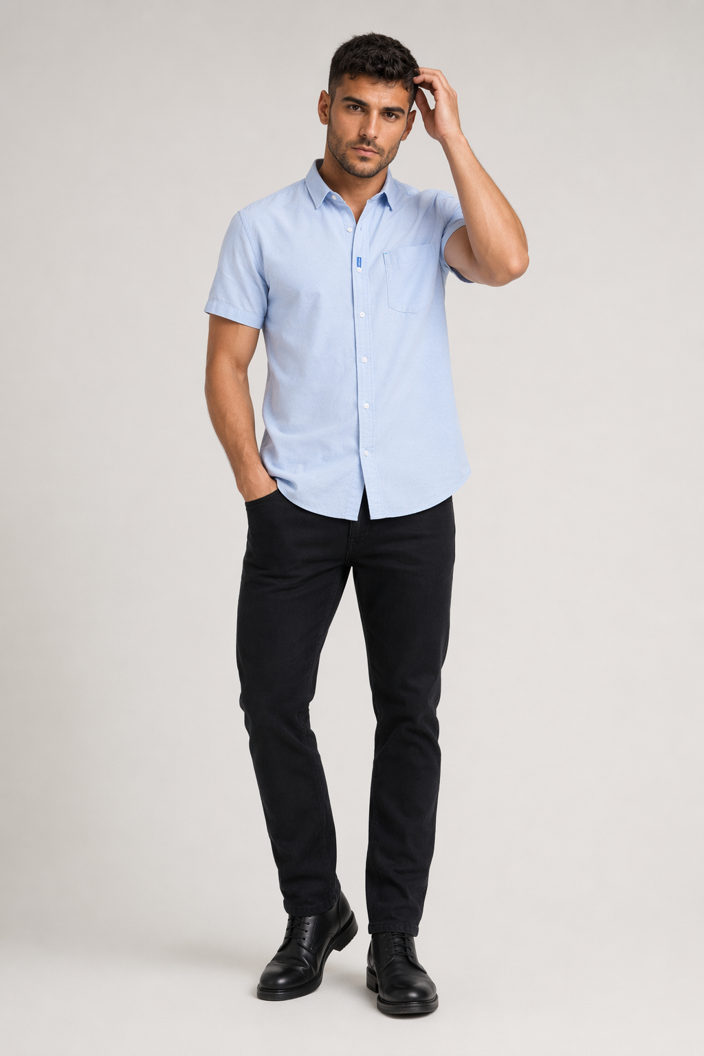 Short Sleeve Men's Button-Up Shirt Title Revision Light Blue
