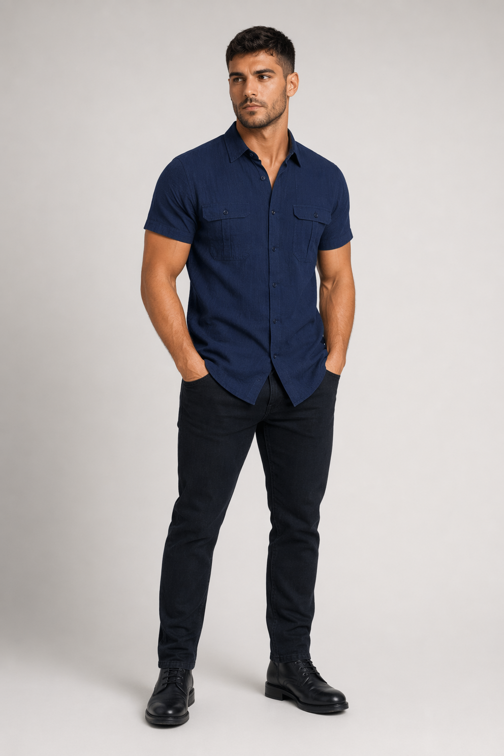 Linen Short-Sleeve Summer Shirt for Men NAVY