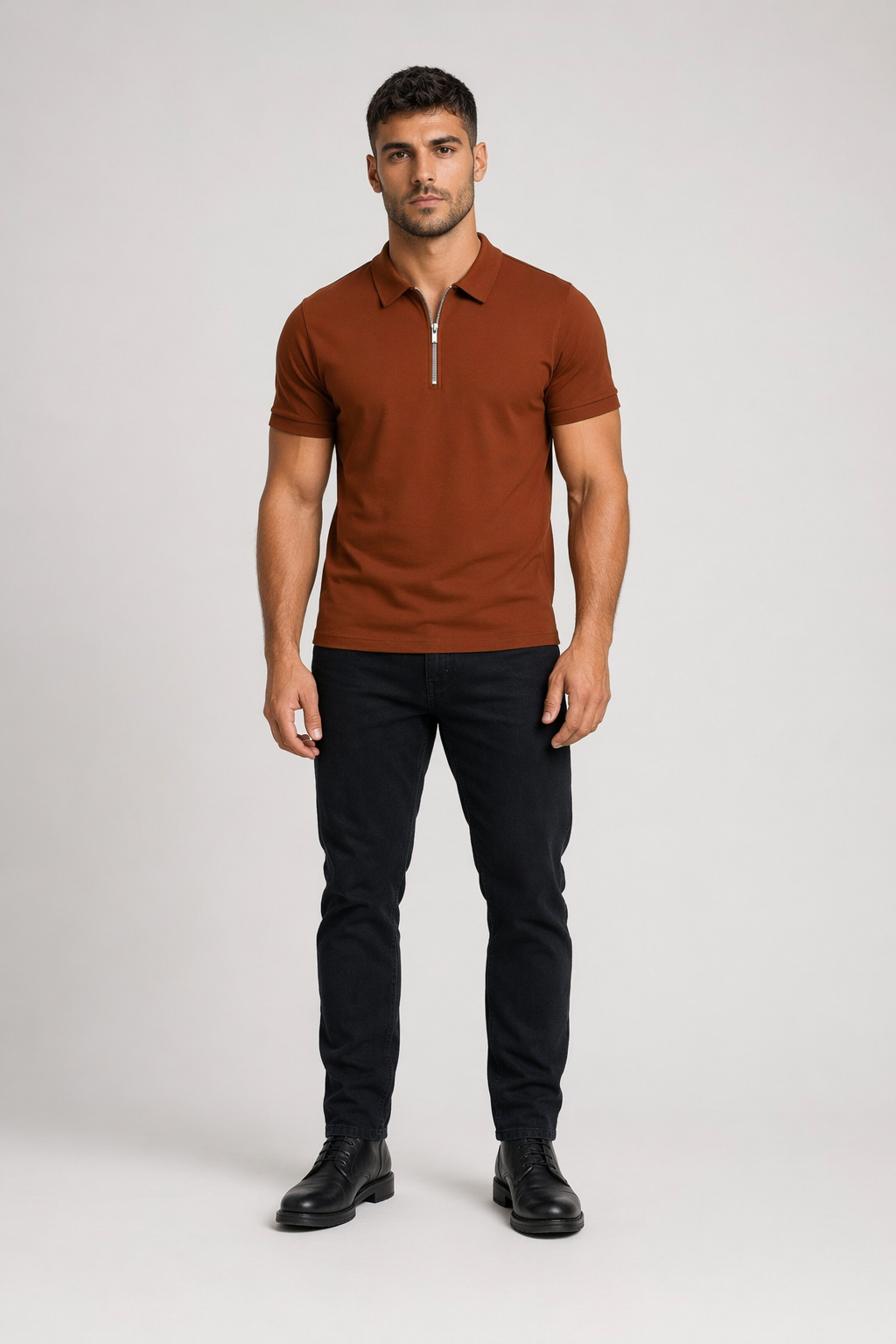 Zipper Polo Shirt for Men with Short Sleeves Brown