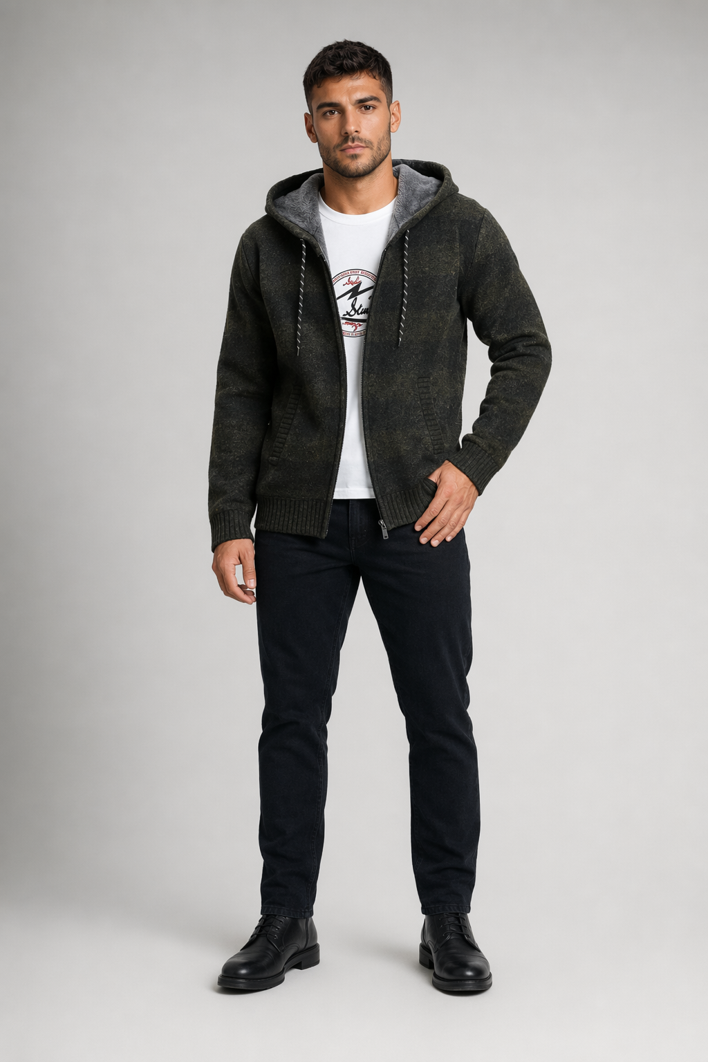 Plaid Zip-Up Jacket for Men with a Hood Army green
