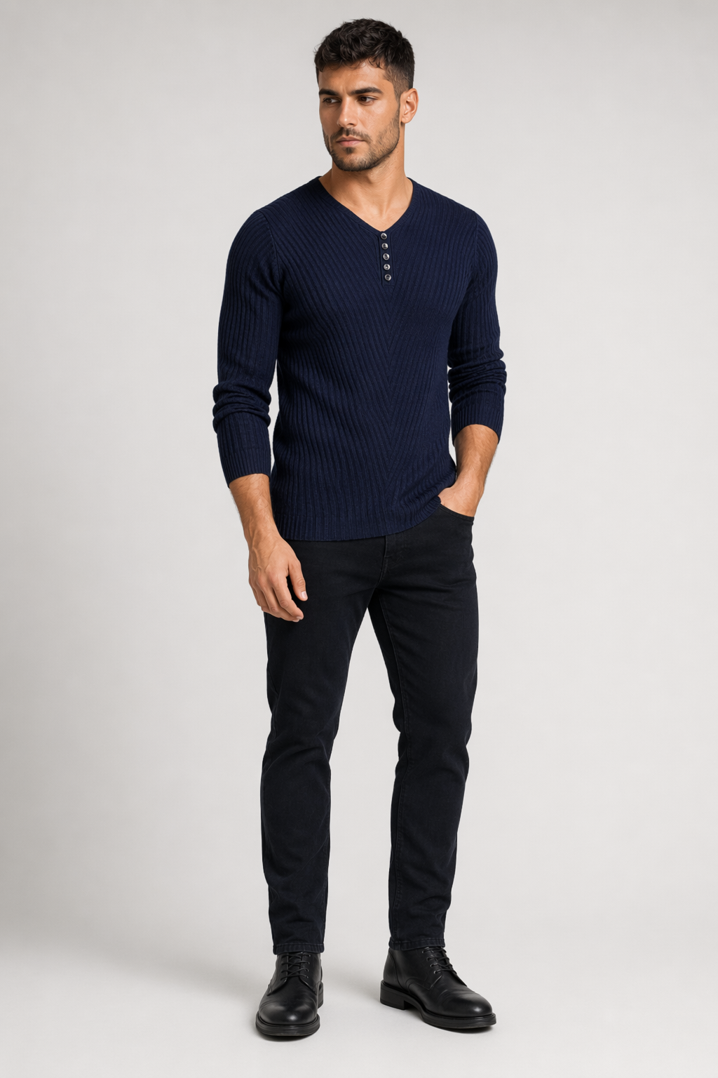 Casual V-Neck Sweater for Men with Buttoned Design Navy