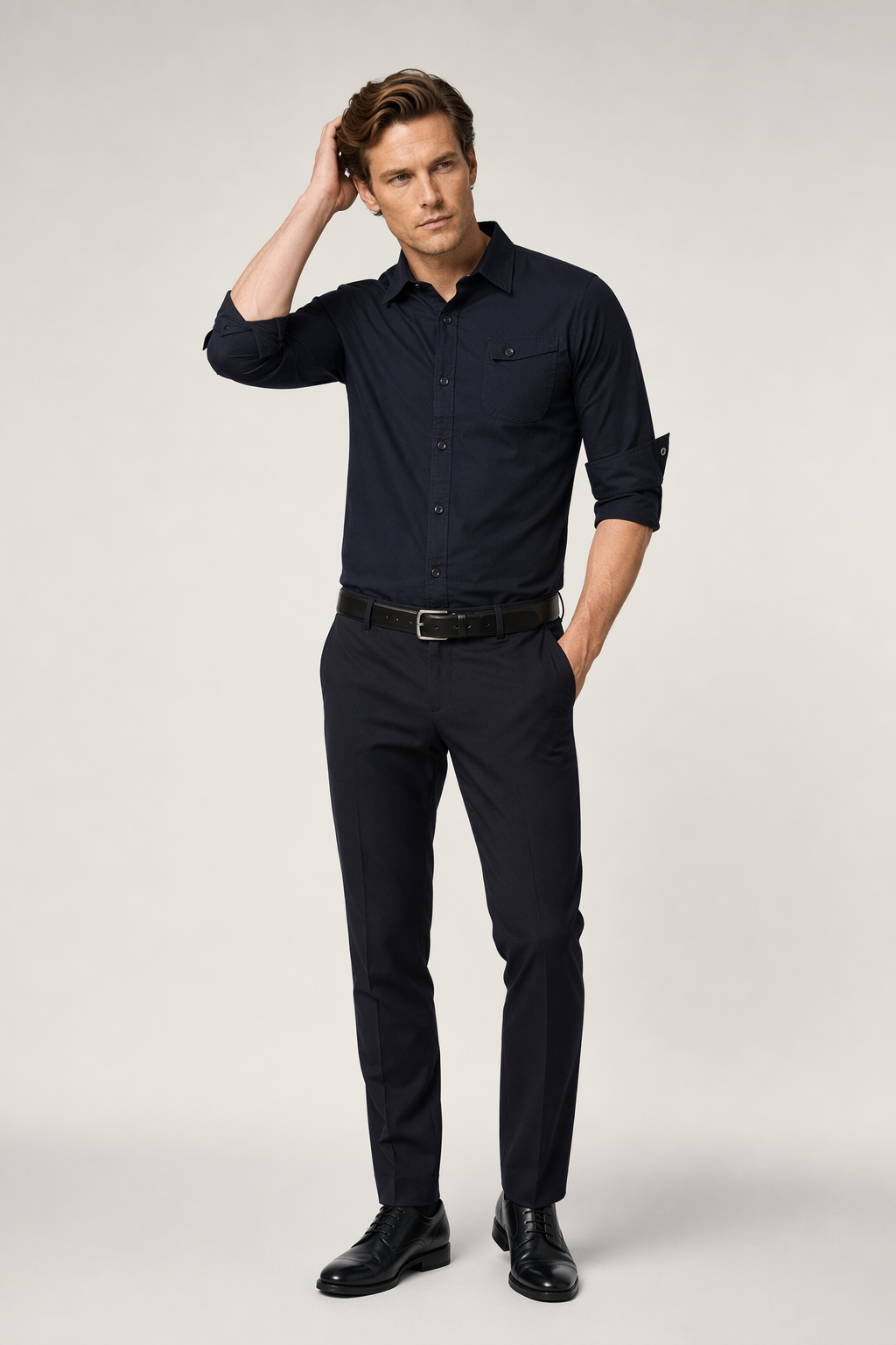 Cotton Button Front Shirt - Long Sleeve Men's Navy