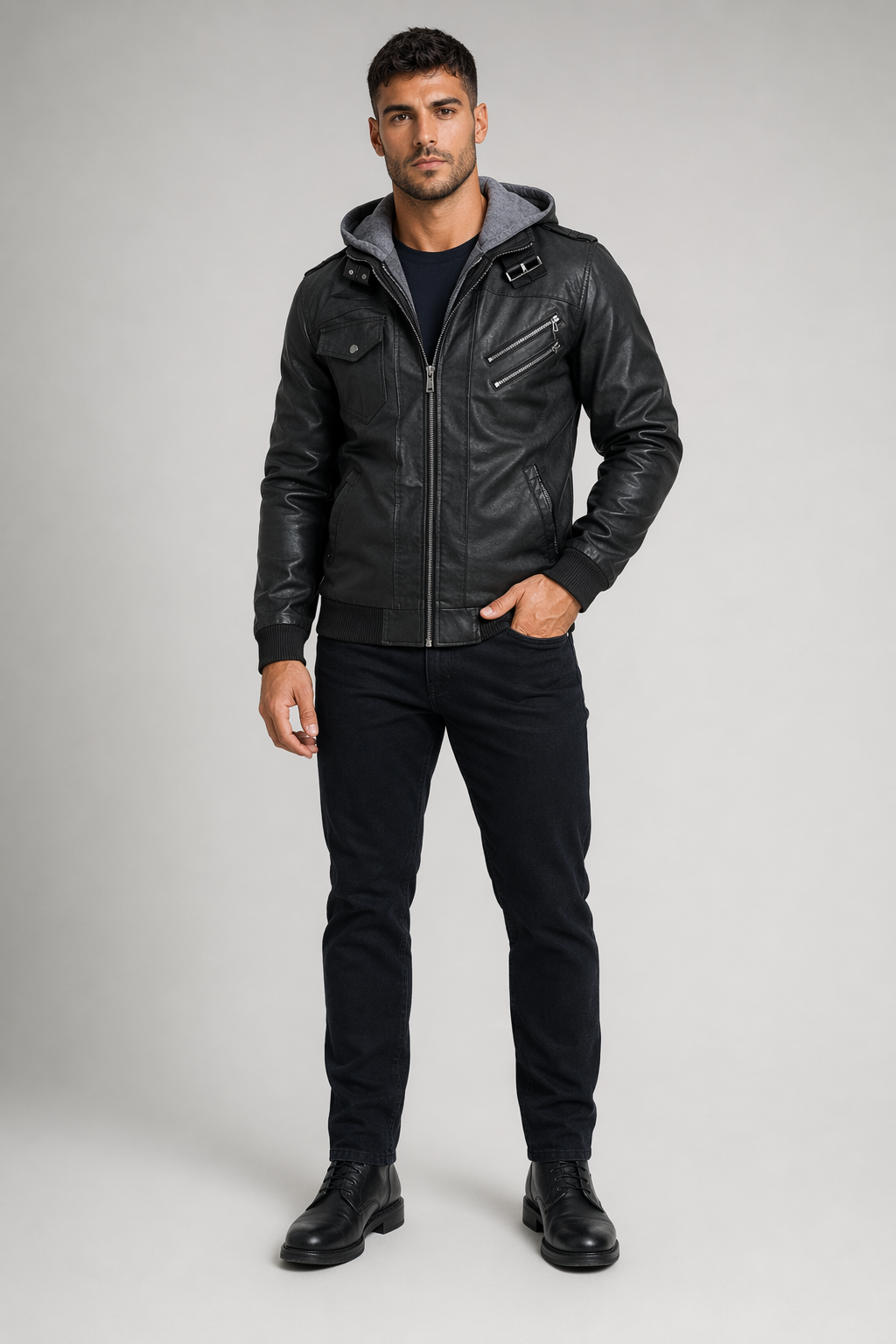 Faux Leather Biker Hooded Jacket for Men Default