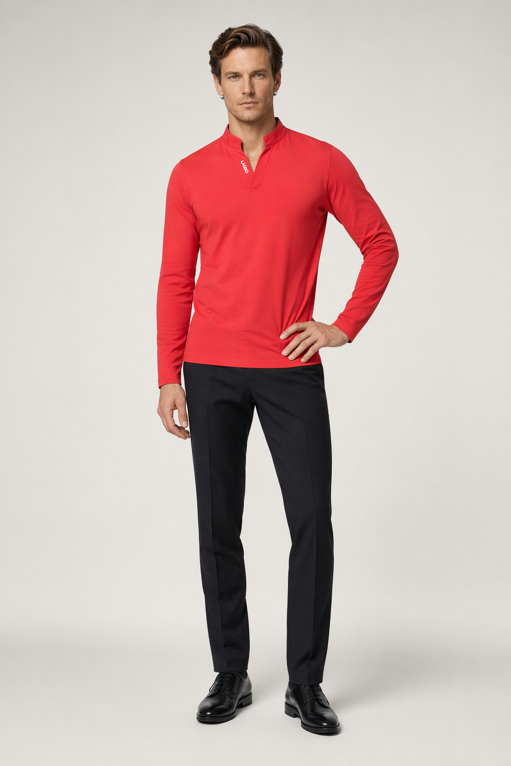 Long Sleeve V-Neck Casual Men's Shirt Red