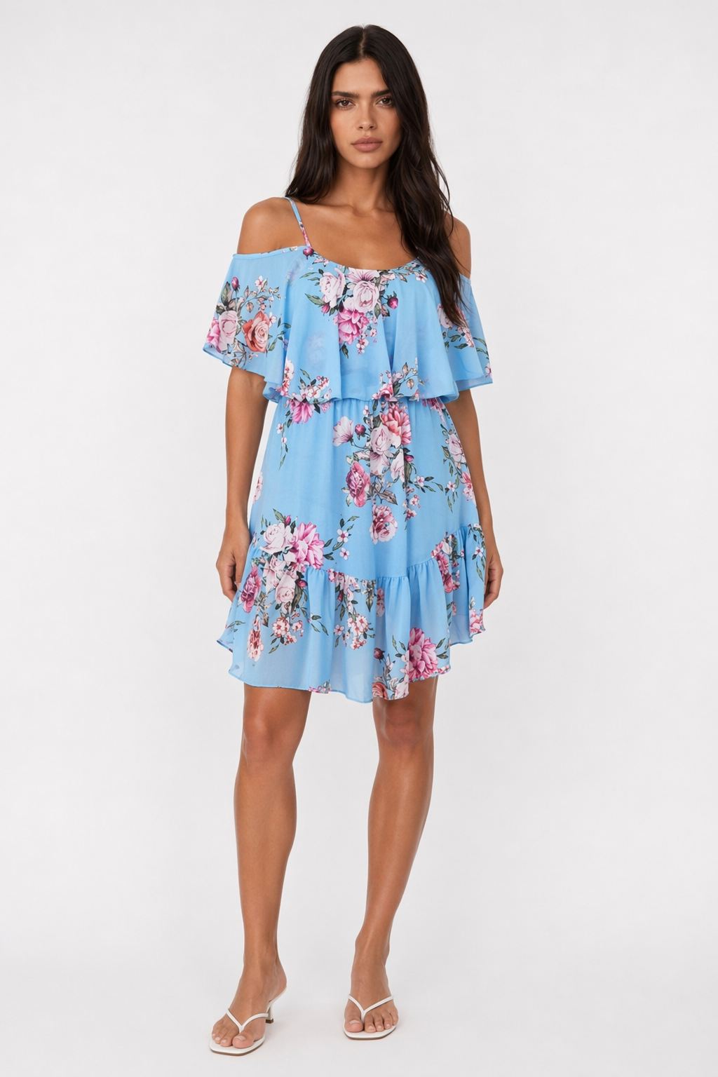 Chiffon Beach Dress with Ruffled Cold Shoulder for Women Blue
