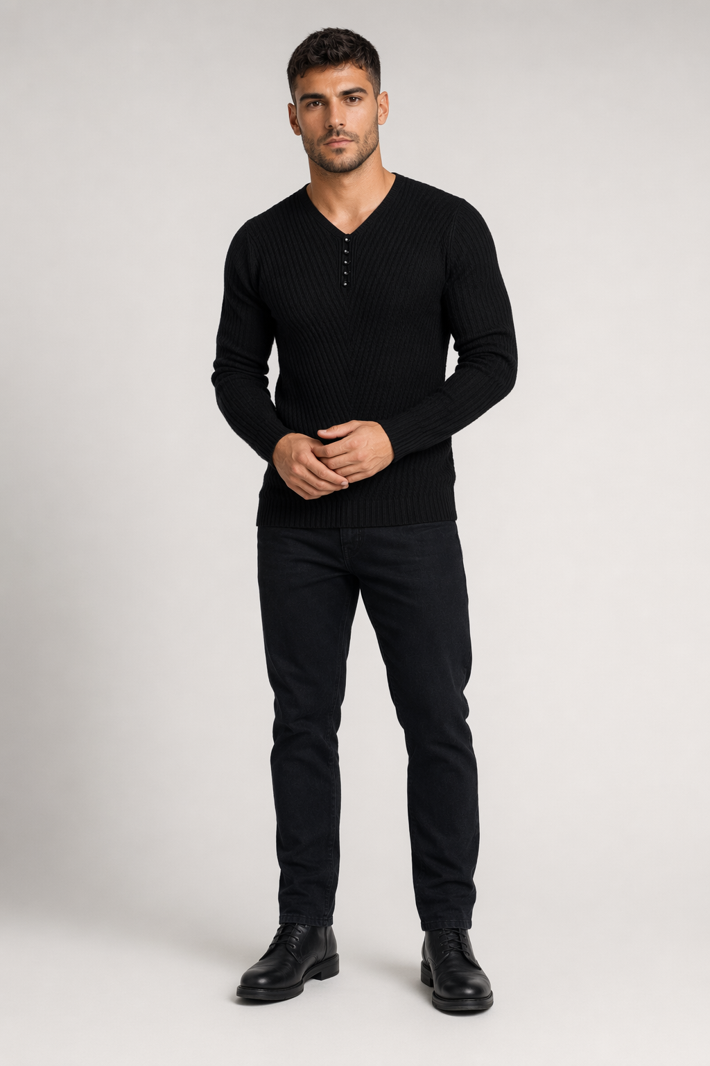 Casual V-Neck Sweater for Men with Buttoned Design Black