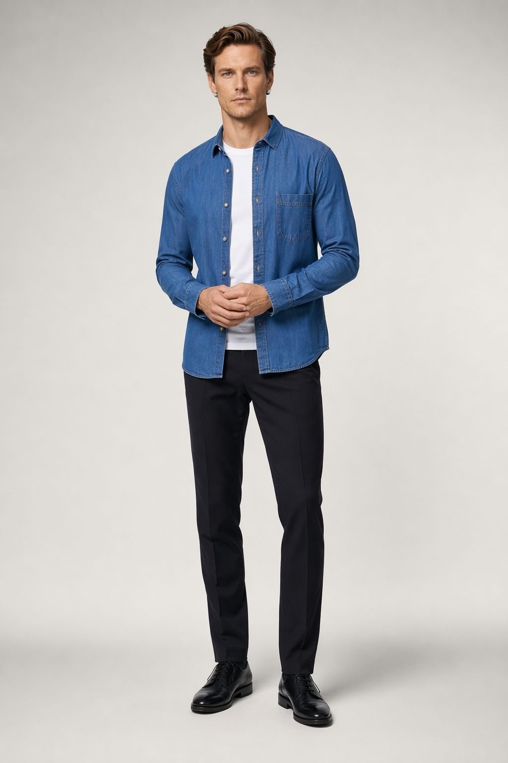 Casual Denim Button-Front Shirt for Men Blue