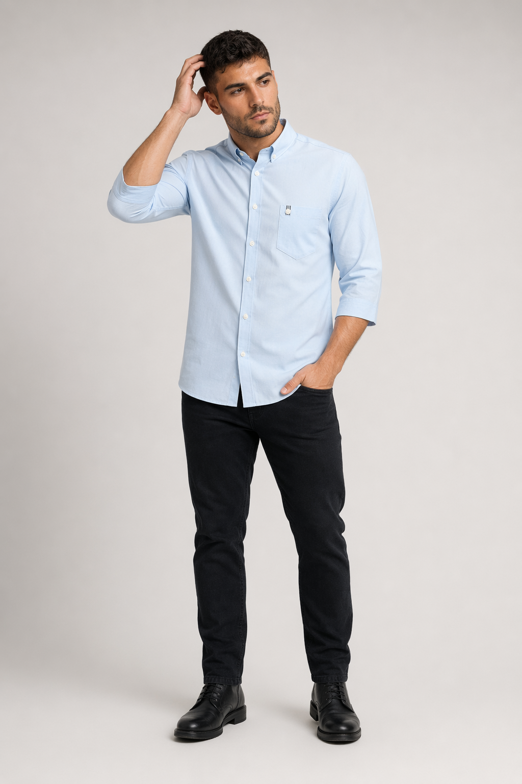 Men's Button-Down Shirt with Three-Quarter Sleeves Blue