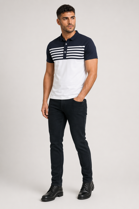 Two Tone Men's Slim Fit Polo Shirt with Stripes Navy