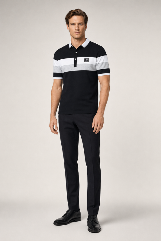 Slim Fit Wide Striped Polo Shirt for Men with Solid Back Panel Black